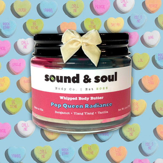 Pop Queen Radiance 2oz Whipped Butter Label | Bergamot, Ylang Ylang, and Vanilla